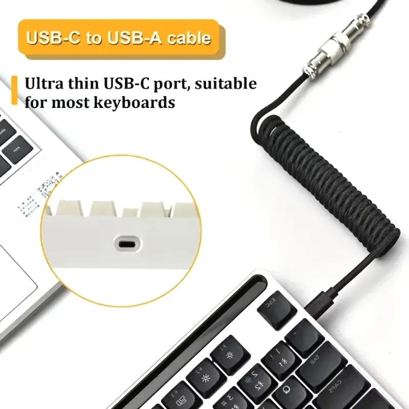 Cable Espiral Enrollado Aviador Tipo-C A Usb Para Teclados Gaming Blanco Negro · foto 3